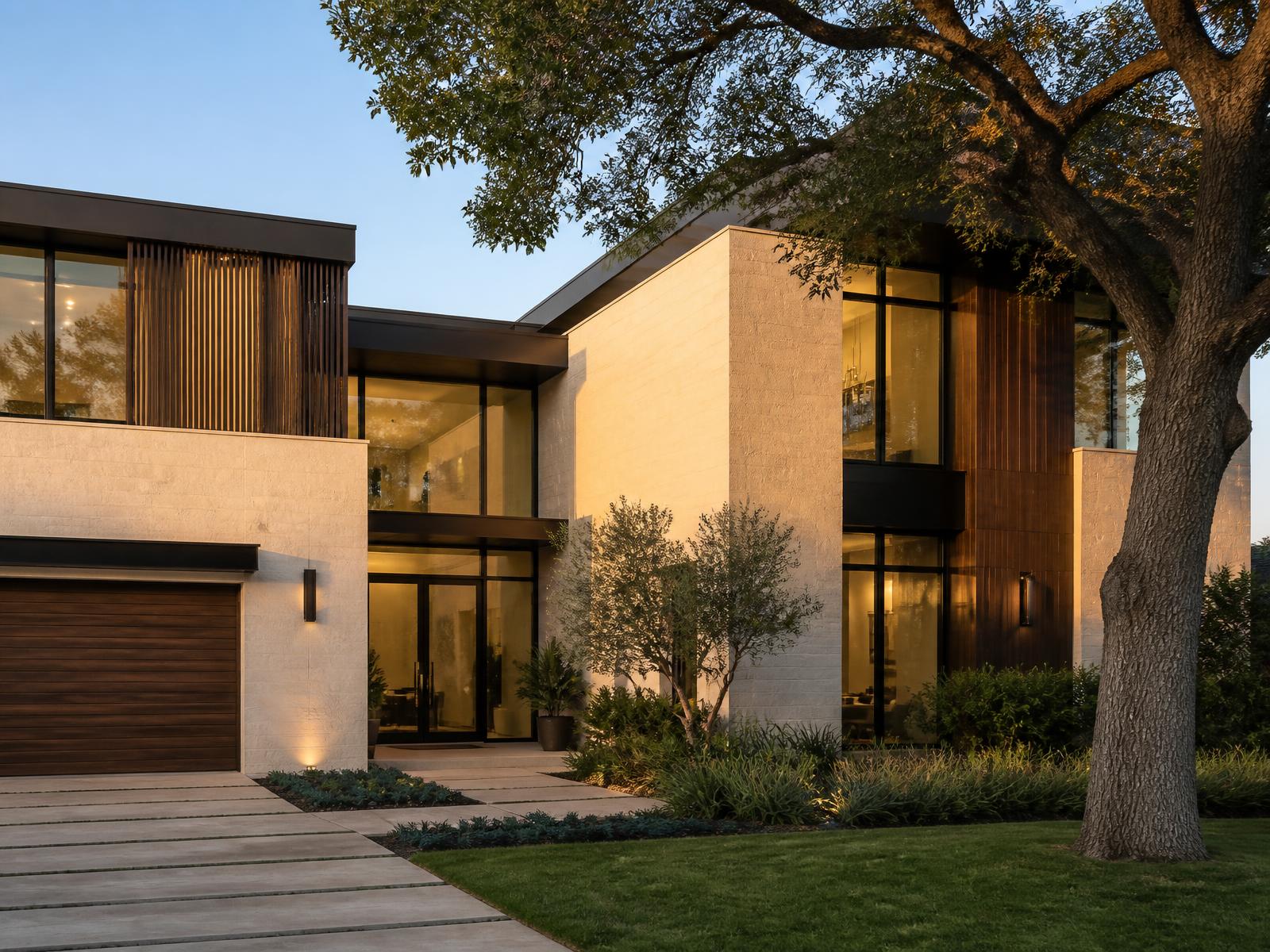 Contemporary two-story home with expansive windows and landscaped grounds at sunset
